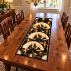 Art Deco Folding Fans Table Runner. Three flat printed ivory-black fans with gold-tone stepped geometry.