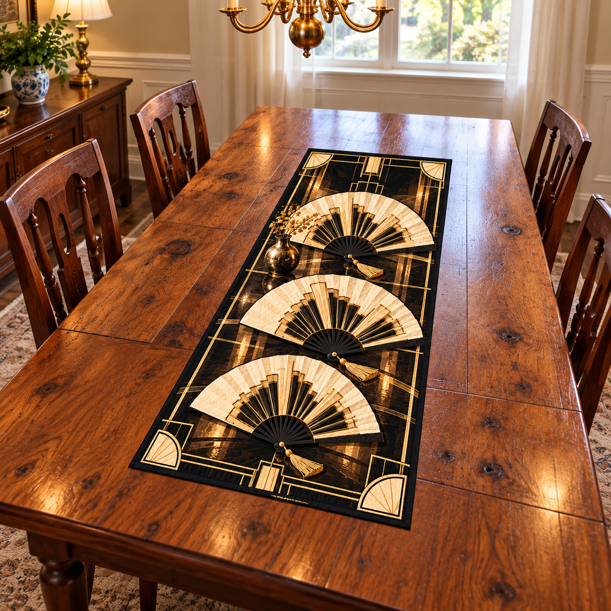Art Deco Folding Fans Table Runner. Three flat printed ivory-black fans with gold-tone stepped geometry.