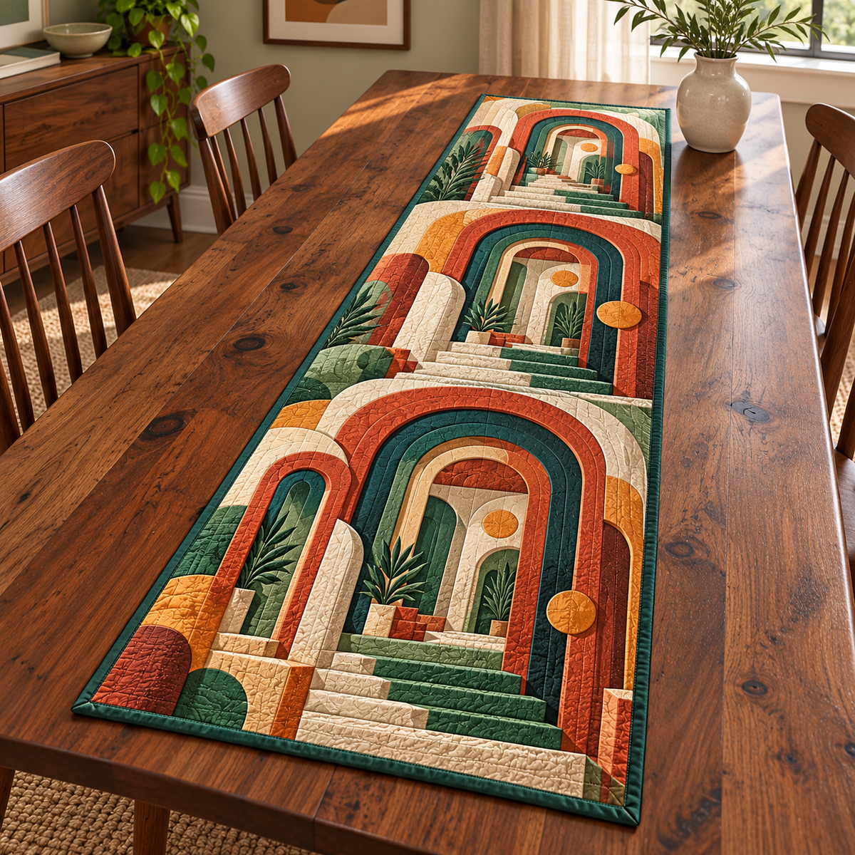 Midcentury Offset Archways Table Runner with three flat printed nested portal scenes, perspective steps and potted leaves.