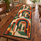 Midcentury Offset Archways Table Runner with three flat printed nested portal scenes, perspective steps and potted leaves.