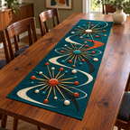Midcentury Atomic Starbursts Table Runner with three flat printed radial motifs and sweeping orbital shapes on petrol teal.