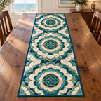 Teal Pearl Scalloped Medallion Table Runner. Three flat printed rounded medallions in ivory and teal.
