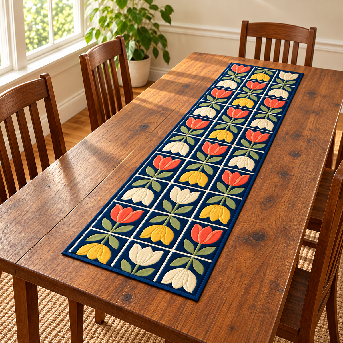 Retro Tulip Tile Grid Table Runner. Flat printed upright-inverted coral-mustard-ivory tulips on navy cream grid.