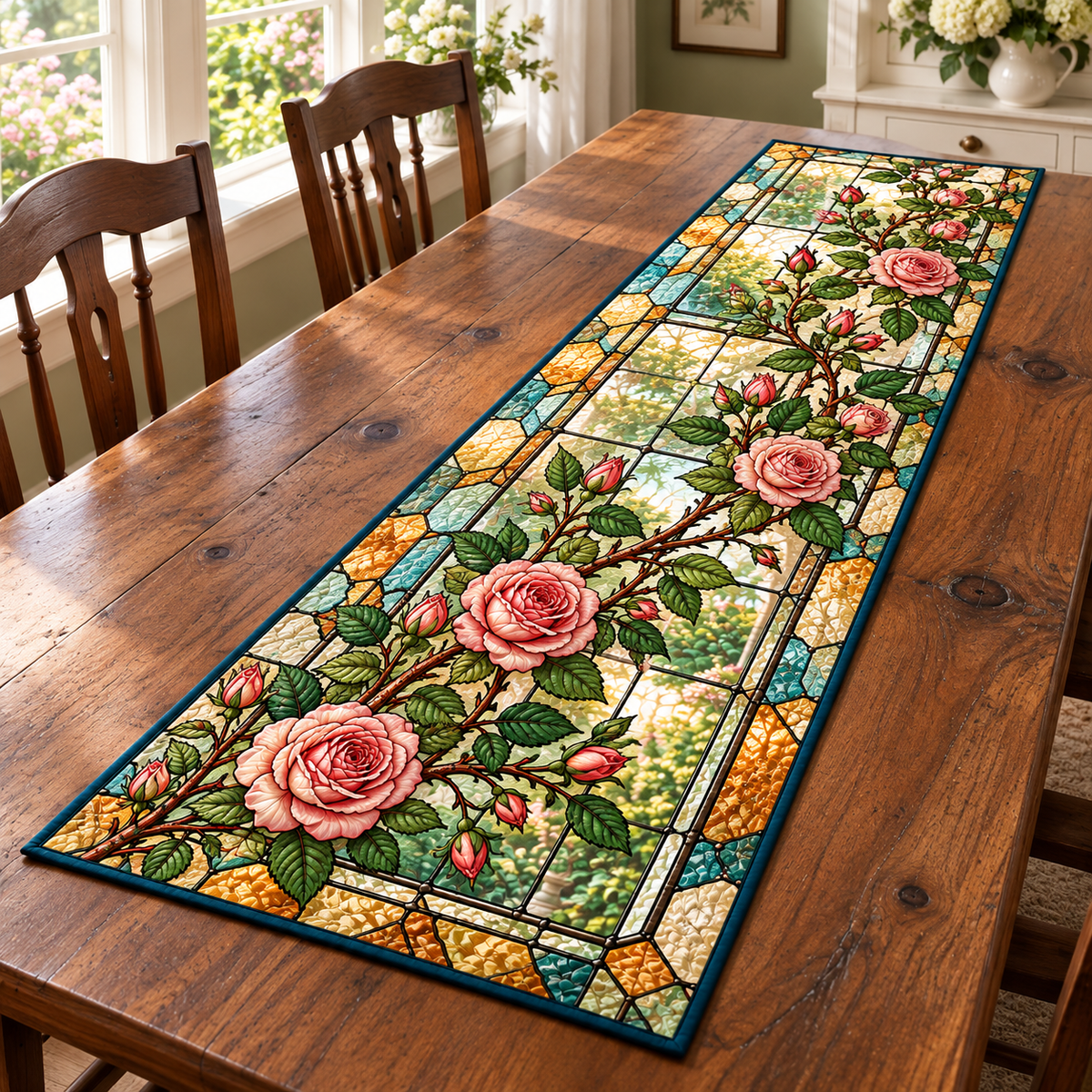 Rose Cane Glass Effect Table Runner. Continuous flat printed rose canes and amber-teal glass-effect panels.