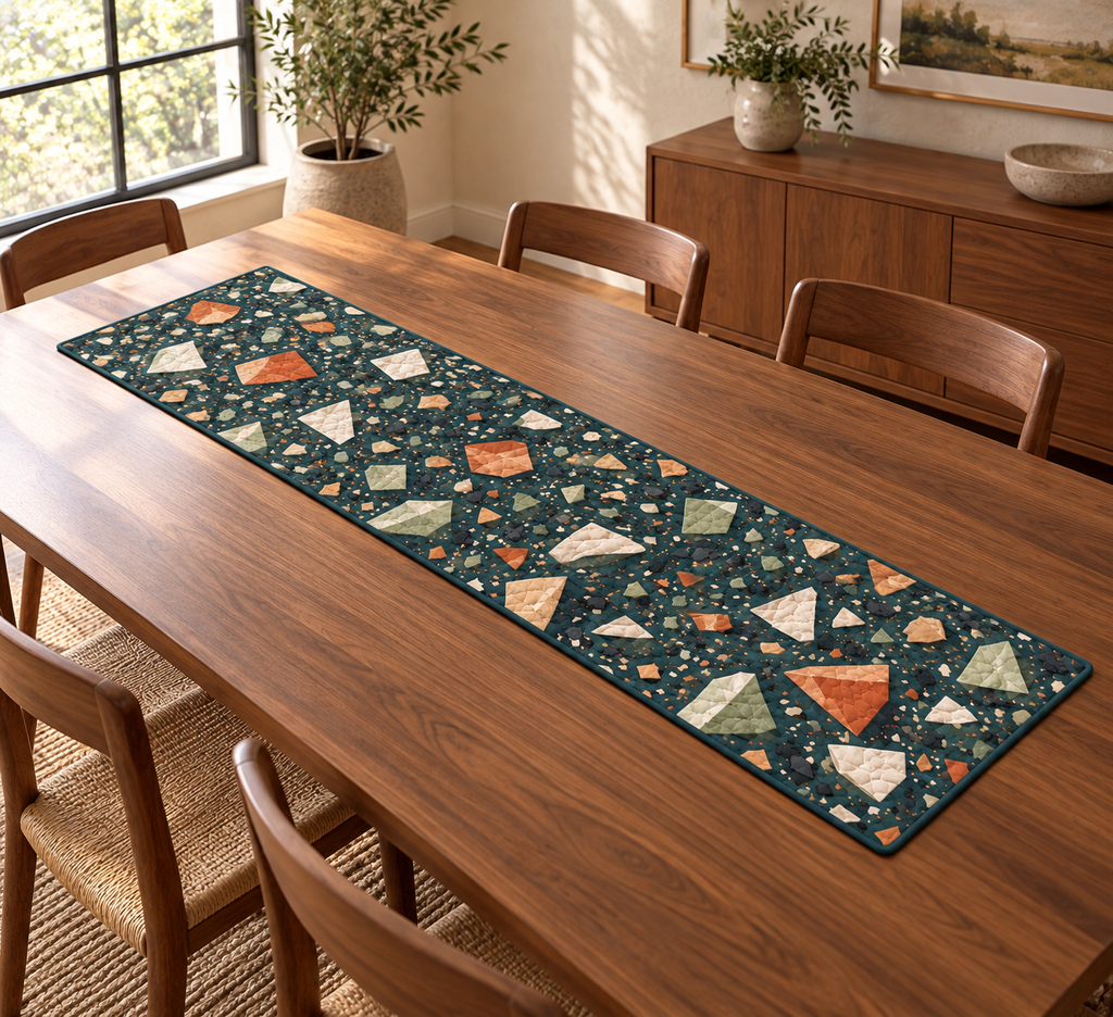 Layered Terrazzo Confetti Table Runner with flat printed angular chip artwork and layered shadow illusions.