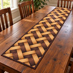 Honey Walnut Weave Illusion Table Runner. Flat printed honey-walnut herringbone basket-weave illusion.