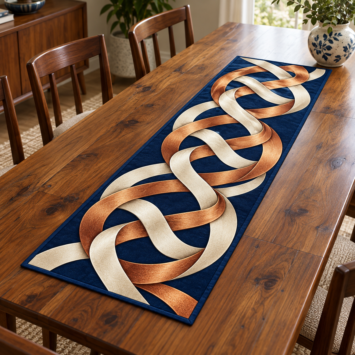 Interlaced copper and ivory figure-eight ribbon loops flat printed on a navy rectangular table runner.