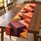 One thin rectangular runner with flat printed asymmetric sunset block terraces and deep overlap shadows