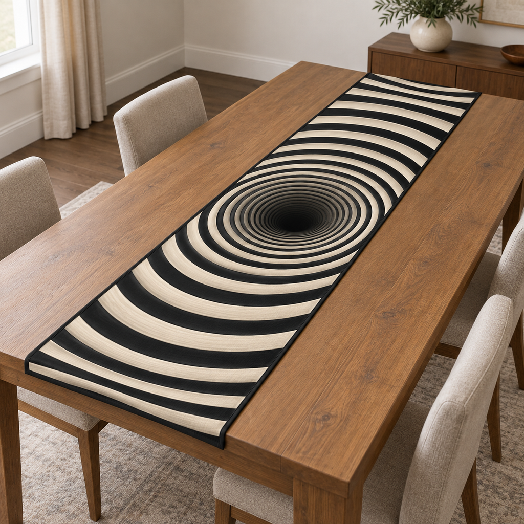 Full thin rectangular runner with black and ivory concentric circle tunnel illusion, flat printed on cloth