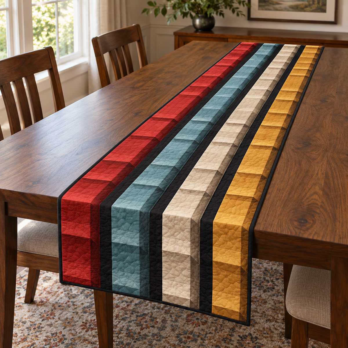 One thin rectangular runner with straight retro red, teal, ivory and mustard bands and flat printed step shadows