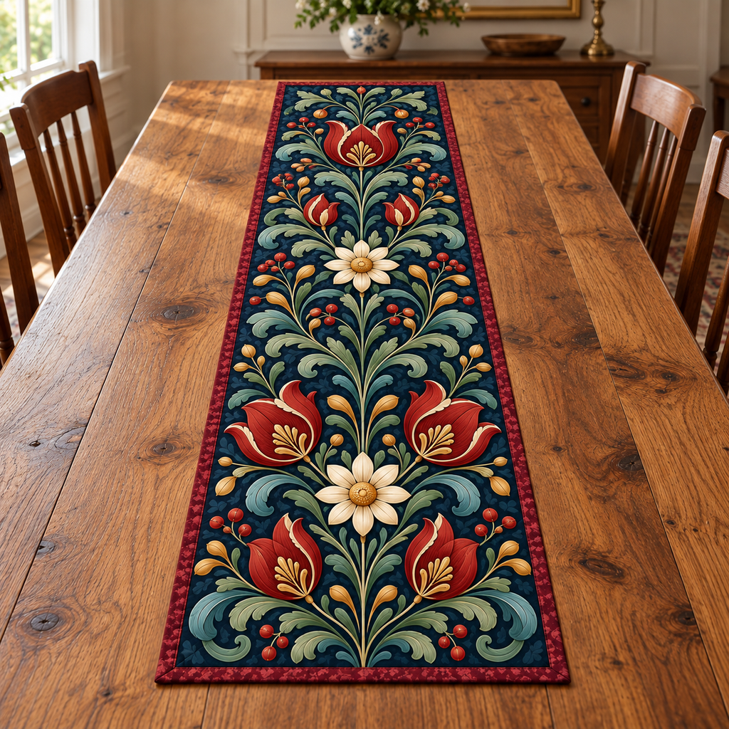 Scandinavian Folk Floral Scrolls Table Runner. Brick-red tulips, ivory rosettes and mirrored sage/teal leaf scrolls on navy, with flat printed optical depth on a bound rectangular fabric runner.