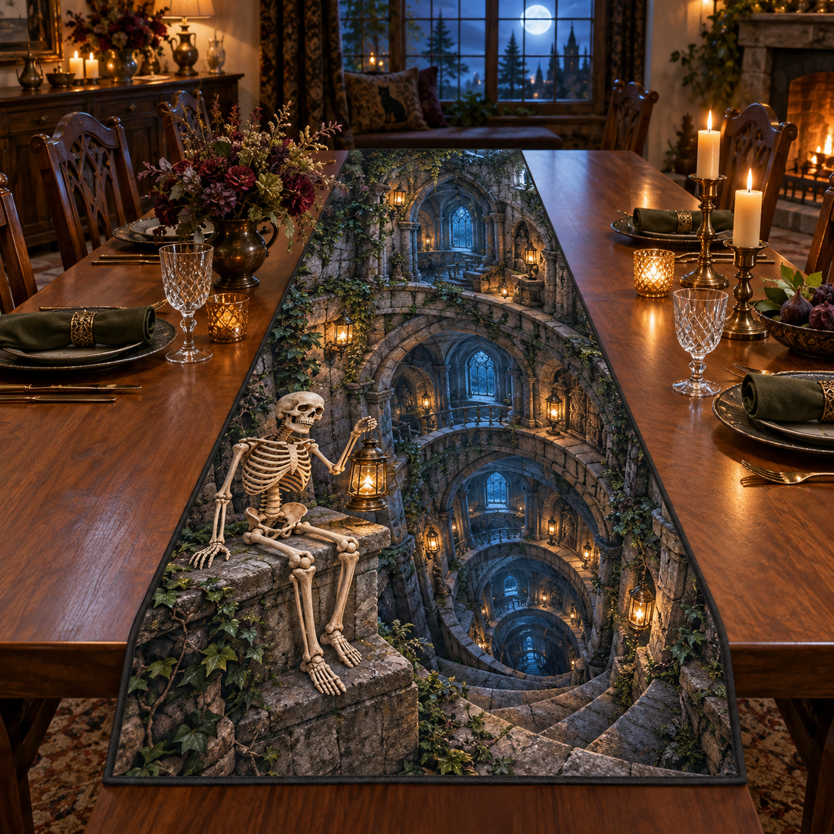 Lantern-holding skeleton beside a deep spiral Gothic stone stairwell, flat printed optical illusion on a charcoal-bound rectangular table runner.