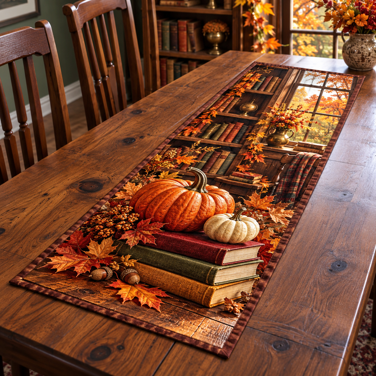 Pumpkin Book Stack Autumn Table Runner with flat printed pumpkins on three books and autumn bookcase window depth.