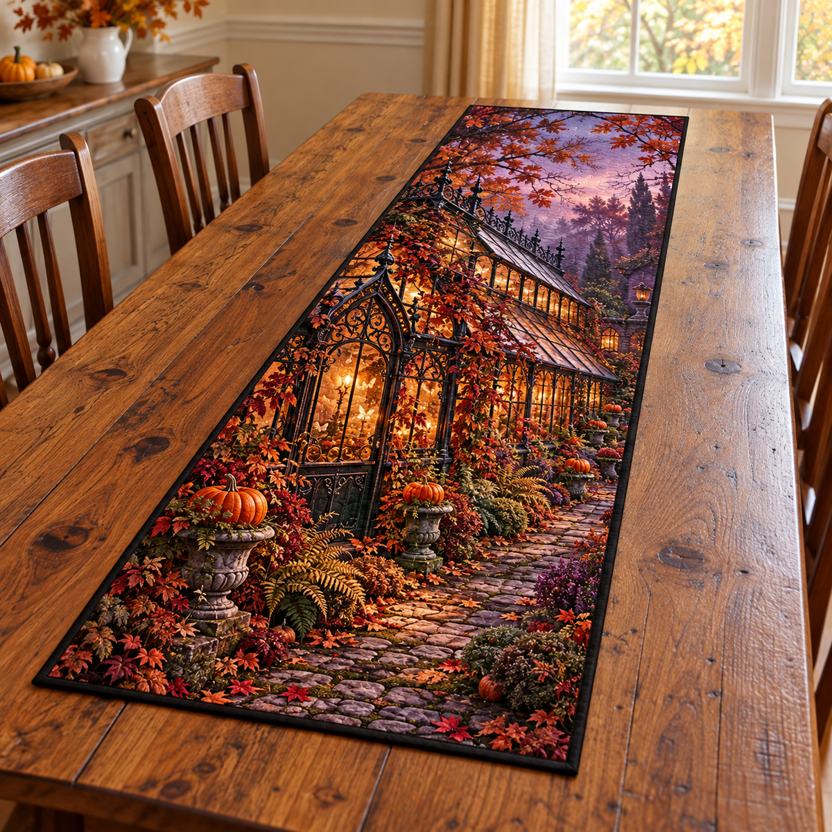 Haunted Amber Glasshouse Table Runner. Flat printed amber glasshouse, autumn vines and cobbled garden on a full rectangular runner.