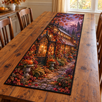 Haunted Amber Glasshouse Table Runner. Flat printed amber glasshouse, autumn vines and cobbled garden on a full rectangular runner.