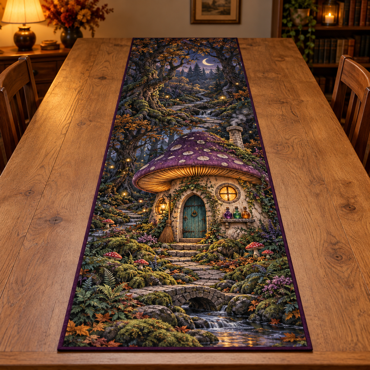 Mushroom witch cottage, broom and potion bottles beside a woodland path and stream, flat printed on a thin rectangular table runner.