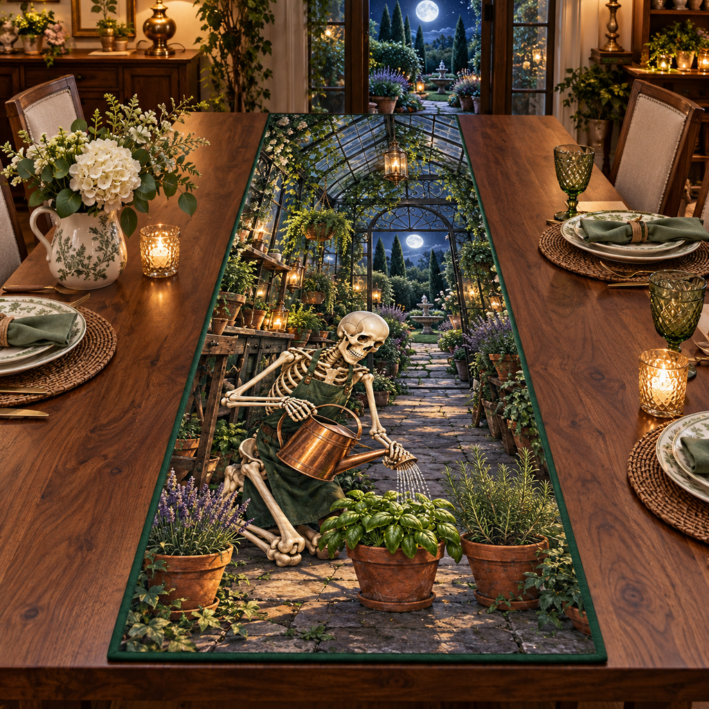 Apron-wearing skeleton watering three herb pots in a moonlit greenhouse, flat printed on a green-bound rectangular table runner.