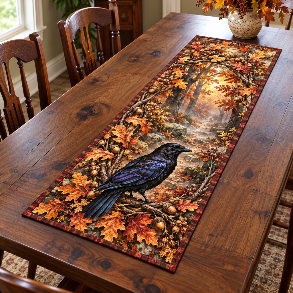 Raven Autumn Oak Wreath Table Runner with flat printed raven and copper oak foliage surrounding a misty forest path.