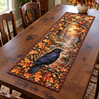 Raven Autumn Oak Wreath Table Runner with flat printed raven and copper oak foliage surrounding a misty forest path.