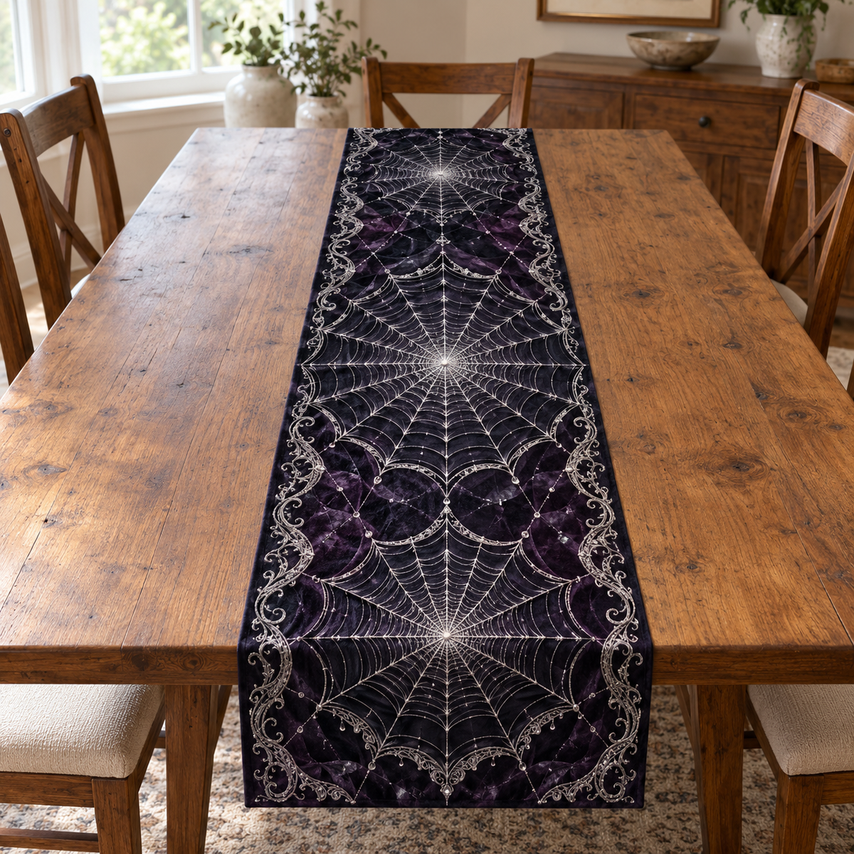 Whole narrow table runner with three silver radial orb webs and scalloped lace-like loops over midnight plum, flat printed optical depth