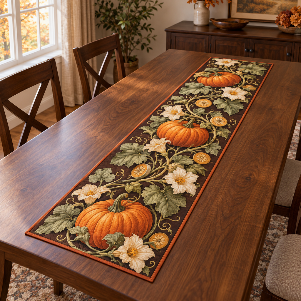 Large orange pumpkins, ivory blossoms, curling sage leaves and gold seed-like round medallions follow a sweeping vine over an espresso-brown ground. Detailed ribs, overlapping botanical layers and consistent shaded edges create a three-dimensional optical effect within flat printed artwork. No actual pumpkins, flowers, medallions, embroidery or raised pieces are attached. Room furnishings and styling are not included.