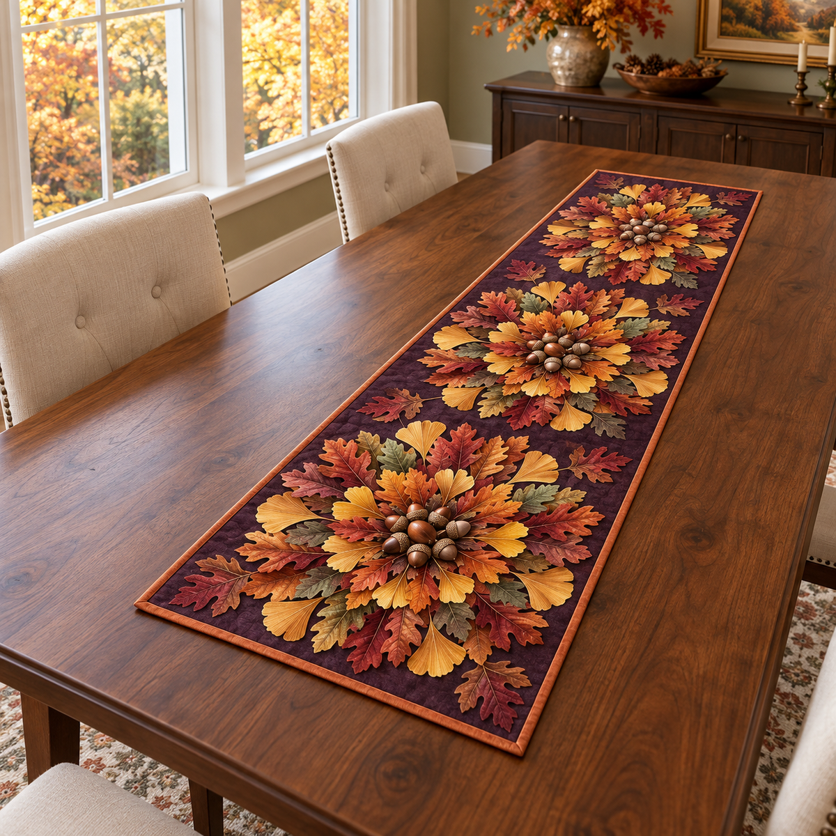 Three radial medallions combine lobed autumn leaves and fan-shaped ginkgo leaves around acorn clusters on a deep plum ground. Rust, copper, ochre, burgundy and sage layers, fine leaf veins and curled-tip shadows create strong optical depth within flat printed artwork. A narrow copper-colored binding frames the runner. No actual leaves, acorns, embroidery or raised pieces are attached. Room furnishings and styling are not included.