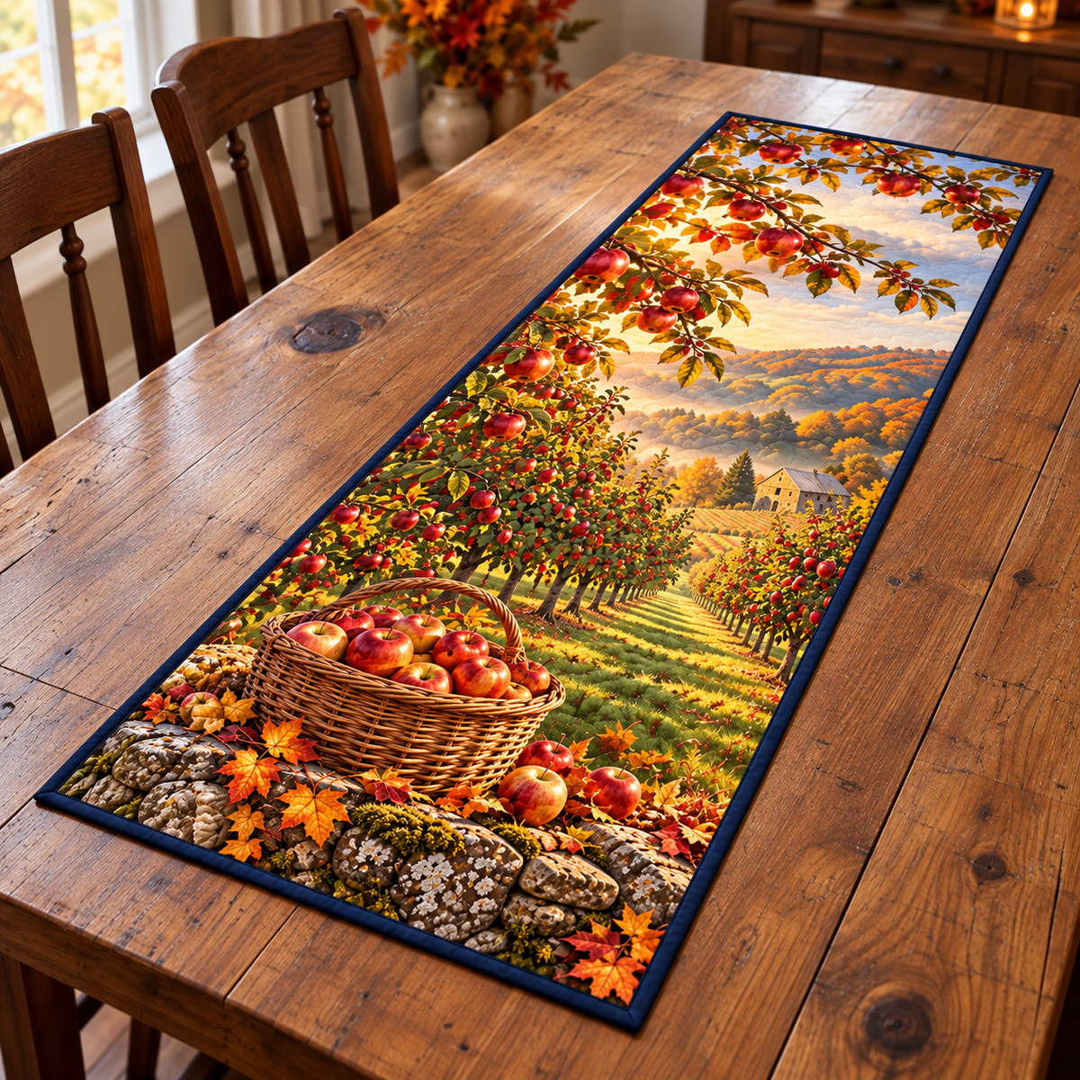 Golden Apple Orchard Harvest Table Runner. Flat printed apple basket, stone wall and receding harvest orchard.