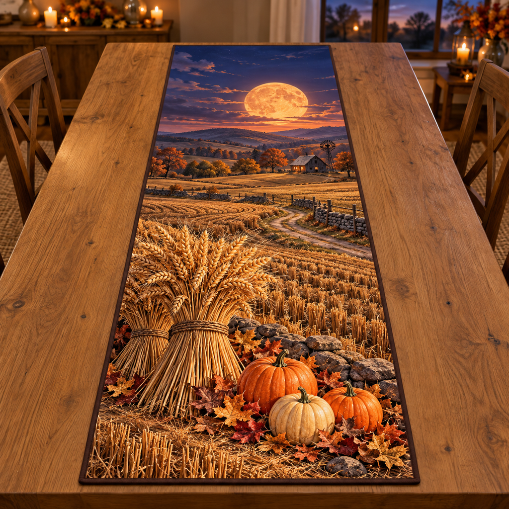 Golden wheat sheaves, pumpkins and cut field rows beneath a large harvest moon, flat printed on a thin bound rectangular table runner.