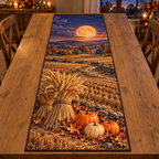 Golden wheat sheaves, pumpkins and cut field rows beneath a large harvest moon, flat printed on a thin bound rectangular table runner.