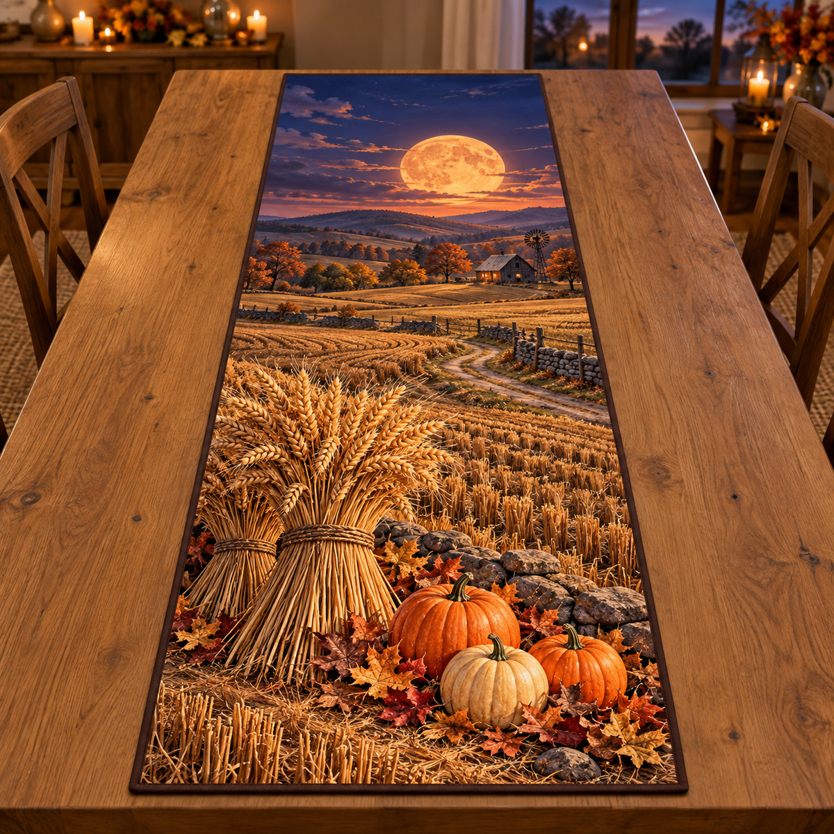 Golden wheat sheaves, pumpkins and cut field rows beneath a large harvest moon, flat printed on a thin bound rectangular table runner.