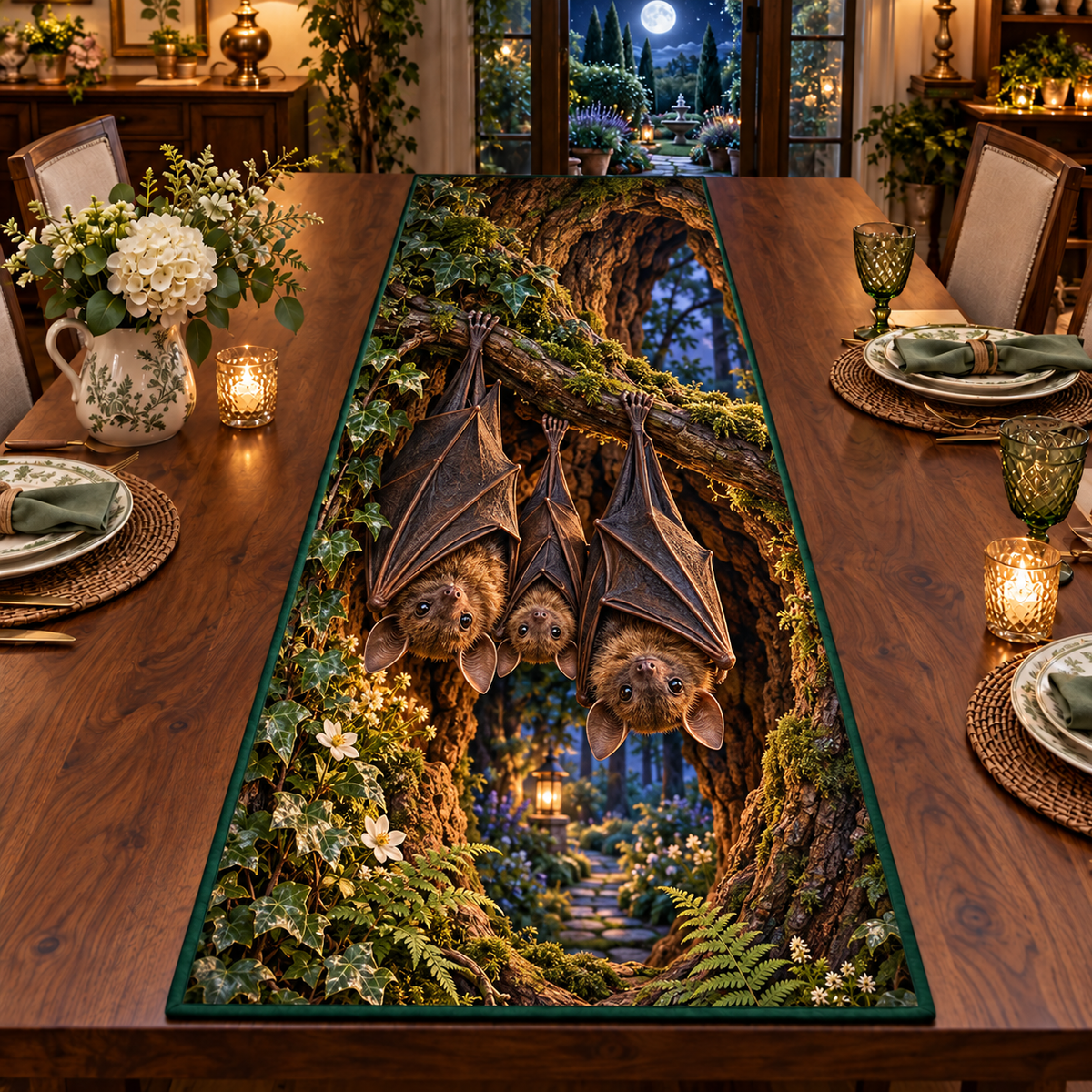 Two adult brown bats and a small pup resting upside down in a mossy woodland tree hollow, flat printed on a complete thin rectangular table runner.