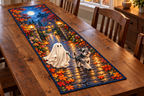Ghost and Schnauzer Lantern Walk Table Runner with flat printed friendly ghost walking a schnauzer on a leash through a layered lantern garden lane.
