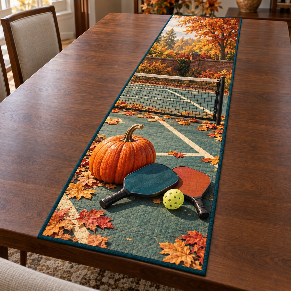 Pumpkin Pickleball Autumn Court Table Runner showing flat printed pumpkin, two paddles and a yellow perforated ball before a net and maple trees.