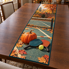 Pumpkin Pickleball Autumn Court Table Runner showing flat printed pumpkin, two paddles and a yellow perforated ball before a net and maple trees.