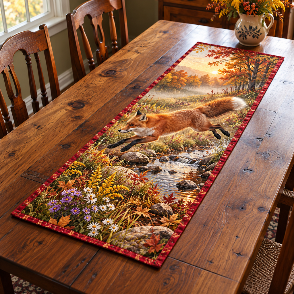 Fox Leap Autumn Meadow Table Runner with flat printed red fox leaping across a flower-lined brook and red bound edge.