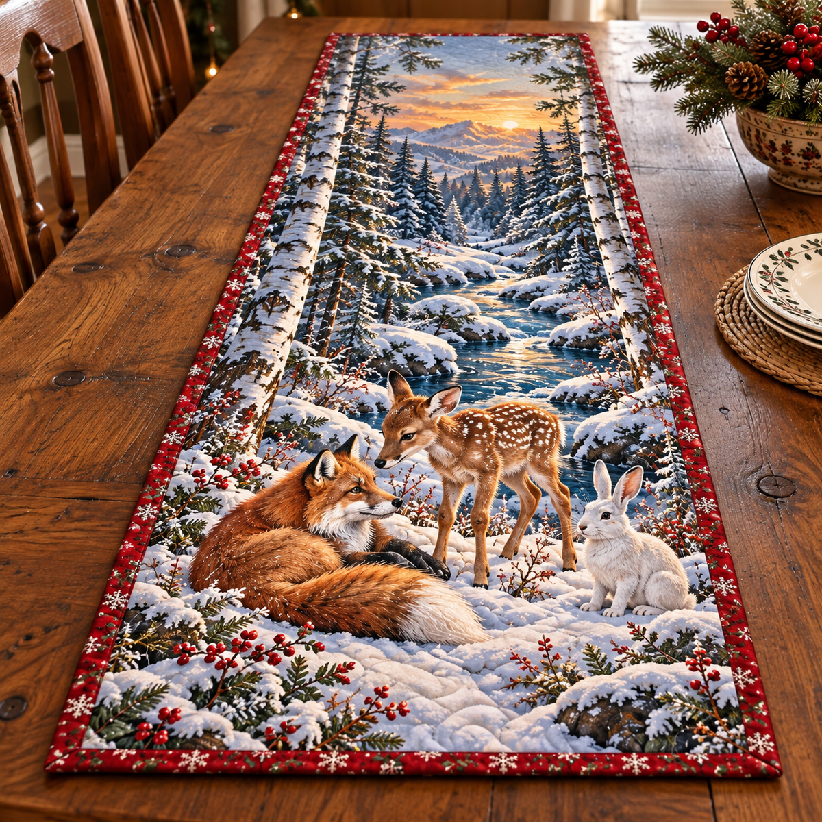 Winter Woodland Gathering Table Runner with flat printed red fox, spotted fawn and white hare beside a layered snowy forest brook.