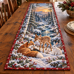Winter Woodland Gathering Table Runner with flat printed red fox, spotted fawn and white hare beside a layered snowy forest brook.