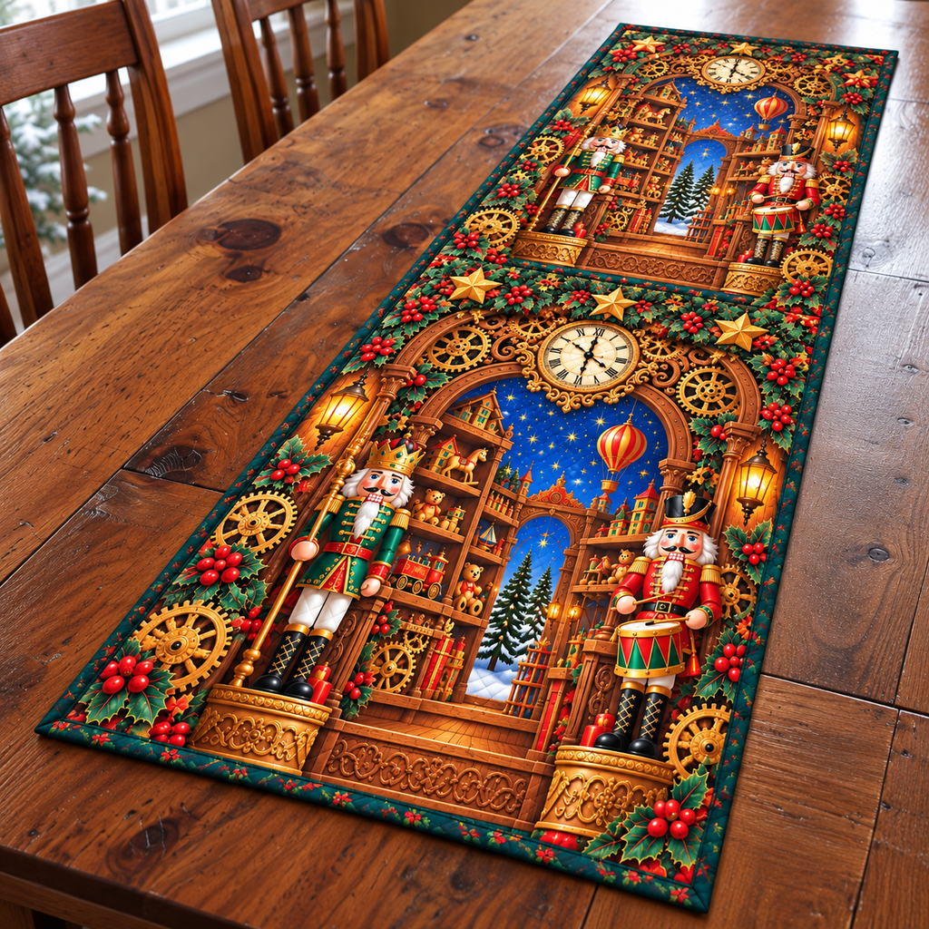 Nutcracker Clockwork Toyshop Table Runner. Flat printed clockwork toyshop scene on bound fabric.