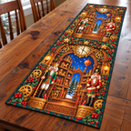 Nutcracker Clockwork Toyshop Table Runner. Flat printed clockwork toyshop scene on bound fabric.