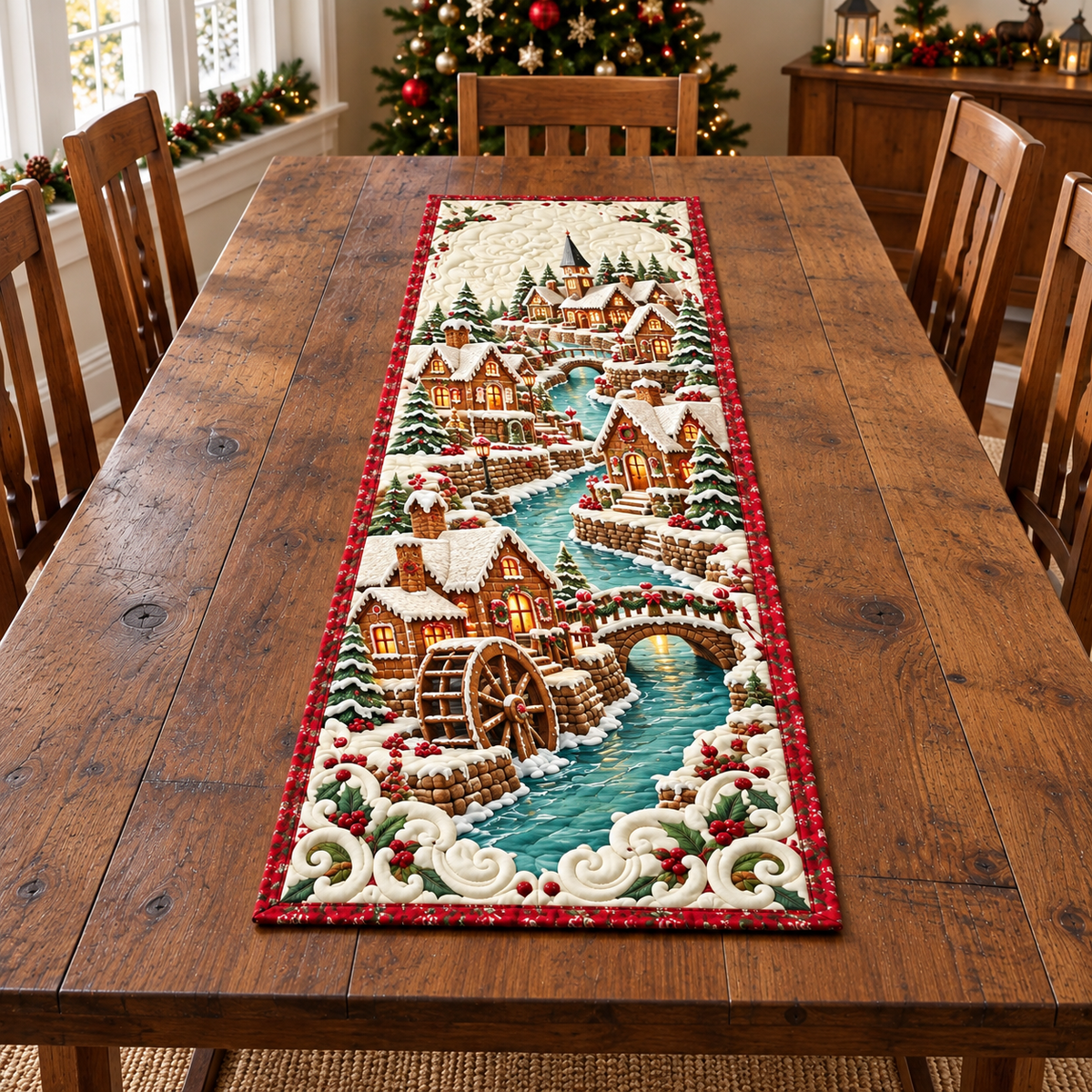 Gingerbread Watermill Village Table Runner. Flat printed optical depth; room styling not included.
