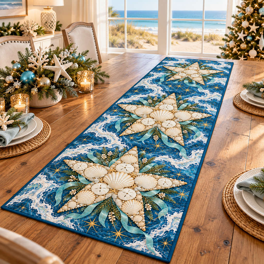 Coastal Shell Christmas Star Table Runner. Flat printed optical depth; room styling not included.