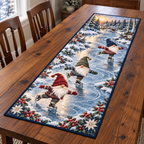Nordic Gnome Skating Pond Table Runner. Flat printed three skating gnomes, icy woodland pond, distant bridge and folk-star border.