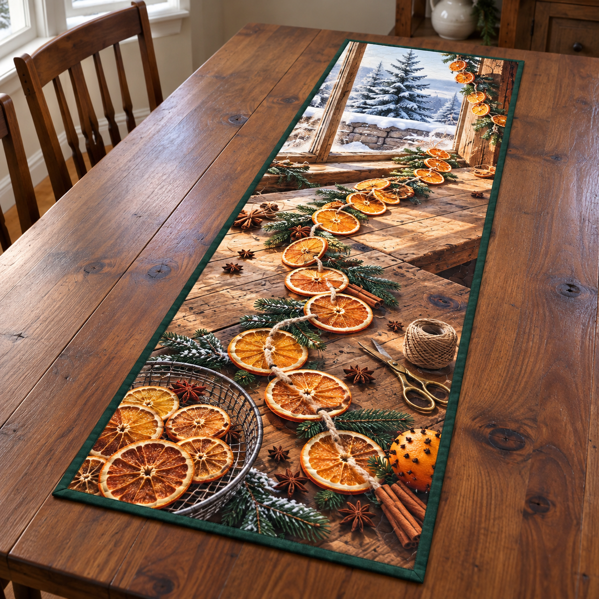 Orange Garland Winter Workbench Table Runner. Flat printed dried-orange garland, wire citrus tray, spices and snowy casement workbench.