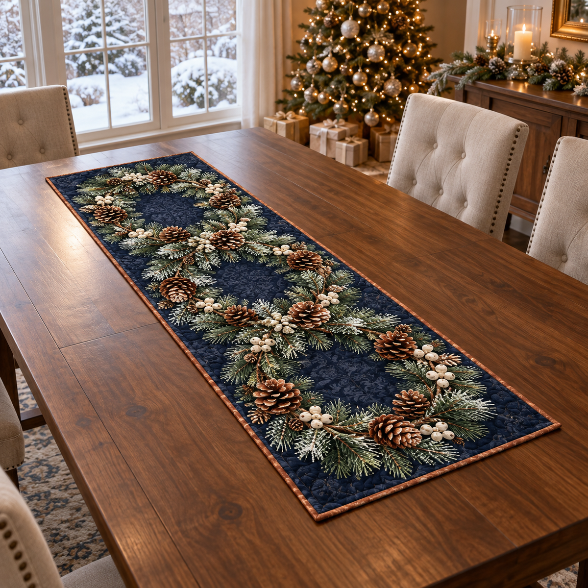 Three linked oval wreaths of green pine needles, copper-brown pinecones and ivory berry clusters stretch along a midnight navy damask-style ground. Frosted needle tips, detailed overlapping cone scales and consistent shaded edges create rich optical depth within flat printed artwork. No actual wreaths, greenery, cones, berries, frost, glitter or raised pieces are attached. Room furnishings and decorations are not included.