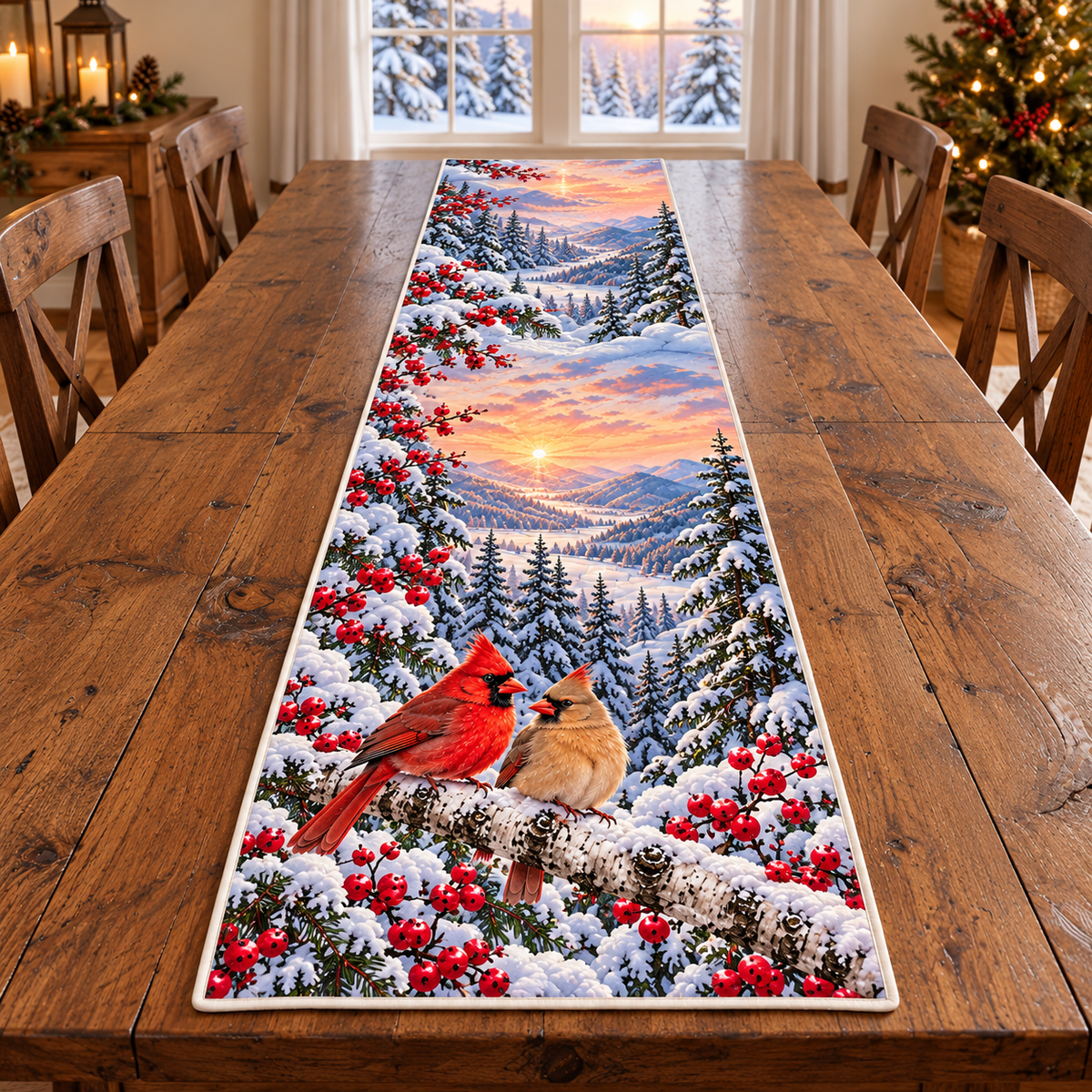 Cardinal Birch Sunrise Valley Table Runner. Flat printed optical depth on source-matched fabric construction.