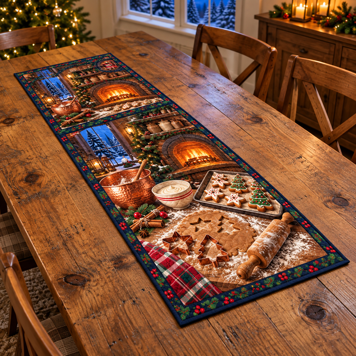 Copper Bowl Christmas Cookie Baking Table Runner. Flat printed copper bowl and Christmas cookie workbench on a thin bound rectangular runner.