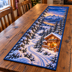 Alpine Ski Chalet Trail Table Runner. Flat printed snowy chalet and curving ski trail on bound fabric.