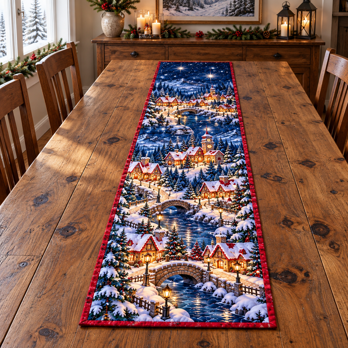Winter Starlight Village Table Runner. Flat printed optical depth on a full rectangular bound runner.