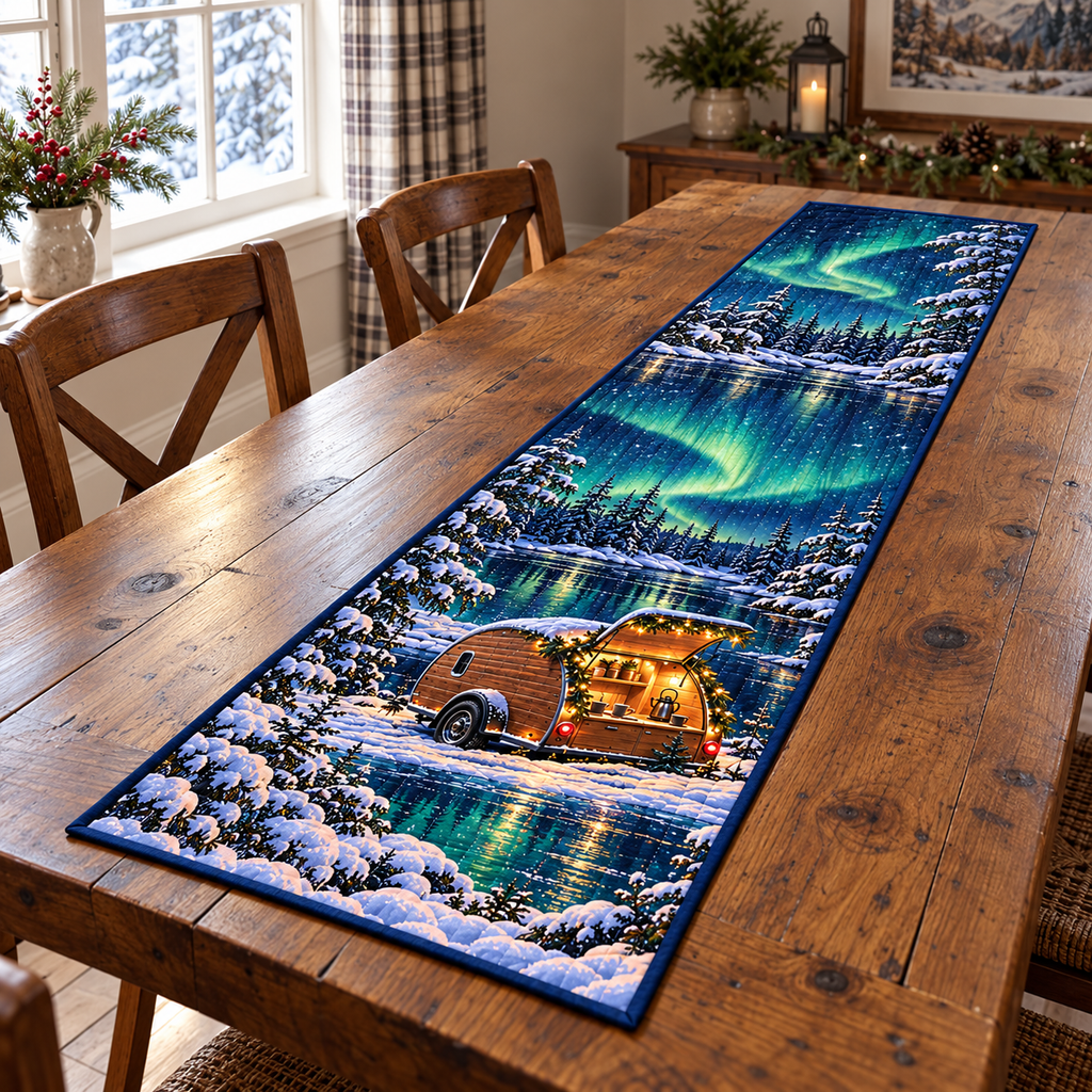 Aurora Teardrop Christmas Camper Table Runner. Flat printed wooden camper and aurora lake scene.