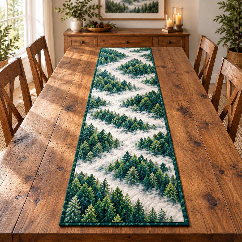 Evergreen Mist Canopy Table Runner. Flat printed aerial evergreen canopy and ivory mist, full rectangular runner.